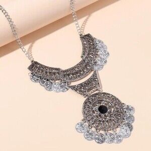 Bohemian Statement Silver Fringe Necklace Hippie‎ Goth Western Glam Coins Sexy